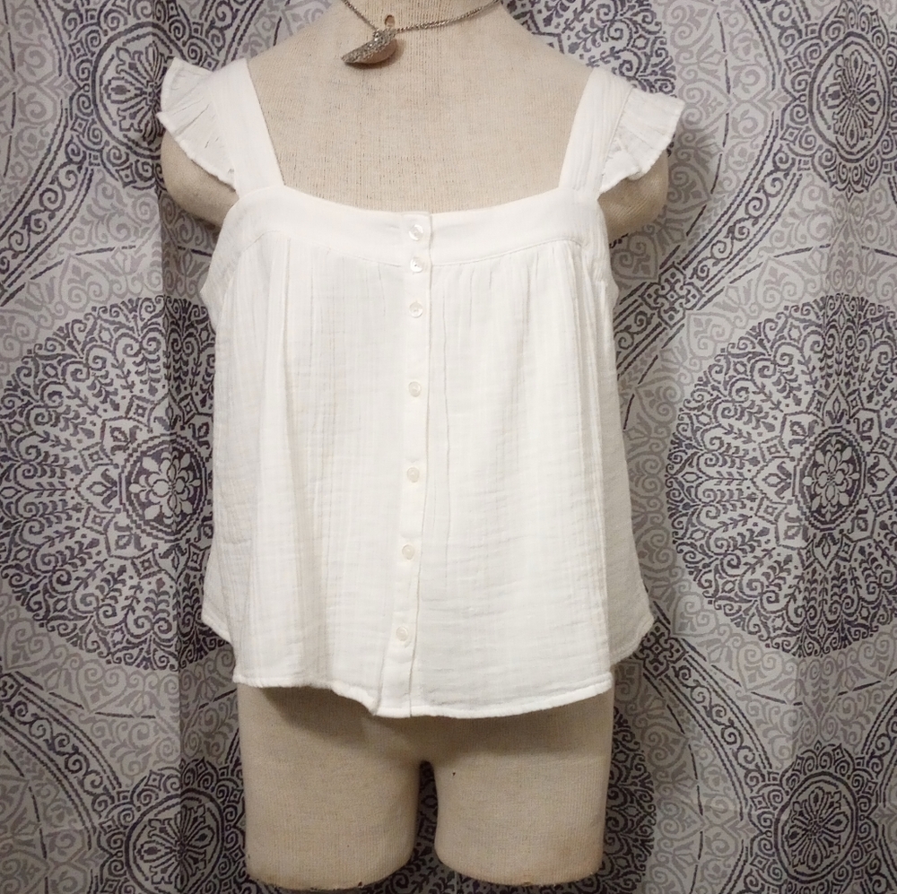 True Craft White Square Neck Casual Button Down Gauze Tank Top Size Small